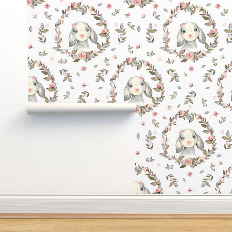 Bunny Wallpaper Pink Bunny With Bow Flowers by Shopcabin - Etsy