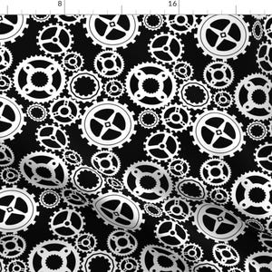 May include: A black and white seamless pattern featuring a repeating design of interlocking gears. The gears are all different sizes and shapes, and they are arranged in a random pattern.