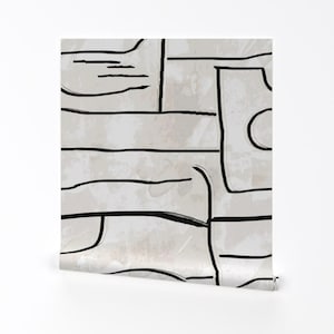 Urban Abstract Removable Peel and Stick Wallpaper - Beige Black Cream White Brush Stroke Modern - Wall Art Wall Decor - Graffiti by etienne