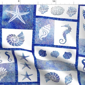 Beach Mosaic Fabric - Coral Reef Mosaic By Fibracreativa - Seashell Seahorse Starfish Blue White Cotton Fabric By The Yard With Spoonflower