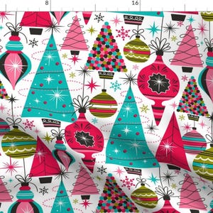 May include: A white background with a repeating pattern of pink, red, blue, and green Christmas trees and ornaments. The ornaments are stylized and have a retro look.