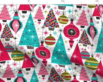 May include: A white background with a repeating pattern of pink, red, blue, and green Christmas trees and ornaments. The ornaments are stylized and have a retro look.
