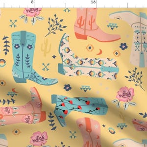 Western Boots Fabric - Cowgirl Boots By Luli Print -Yellow Floral Cowgirl Rodeo Pink Blue Fashion Cotton Fabric By The Yard With Spoonflower