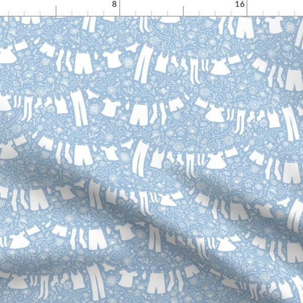 Laundry Room Fabric - Laundry Day by 3rittanylane -  Line Drying Cornflower Blue Pastel Whimsical Fabric by the Yard by Spoonflower