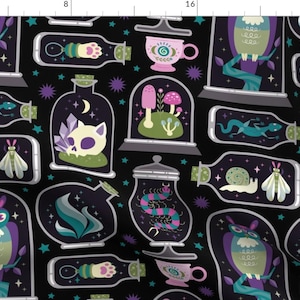 Jars Fabric - Witchy Treasury In Black by pinkowlet - Magic Dark Magic Crystal Moths Owls Mushrooms Spells Fabric by the Yard by Spoonflower