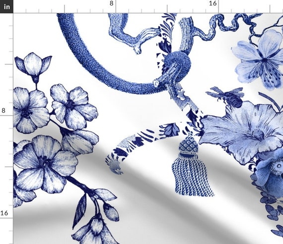 Toile Fabric-Blue Flowers