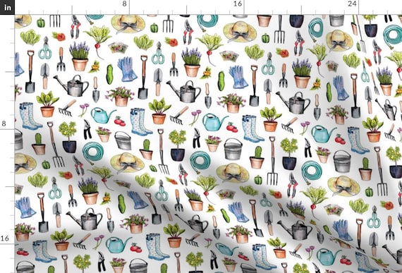 Gardening Fabric - Garden Gear - Spring Gardening Pattern W/ Garden Tools Supplies By Somecallmebeth - Garden Fabric With Spoonflower