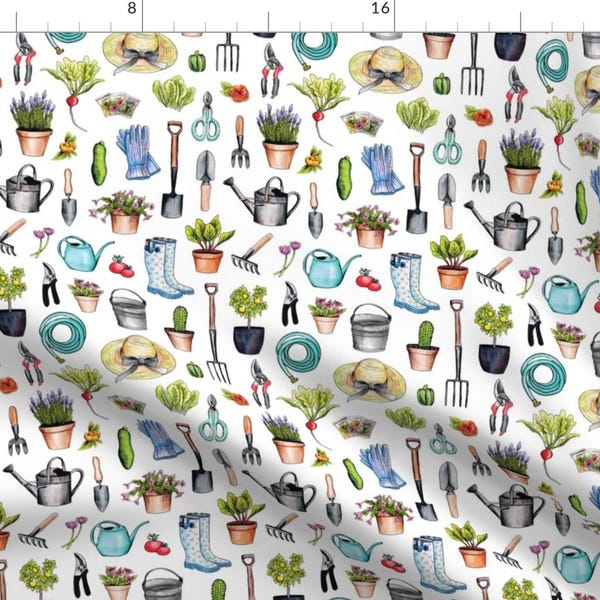 Gardening Fabric - Garden Gear - Spring Gardening Pattern W/ Garden Tools Supplies By Somecallmebeth - Garden Fabric With Spoonflower