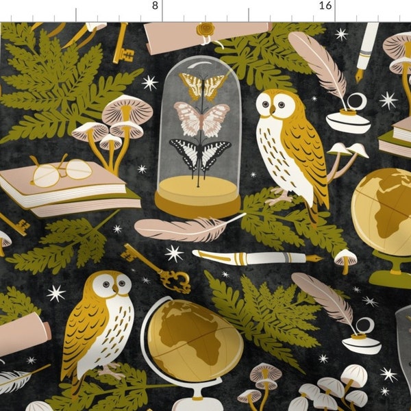 Owls Fabric - Mysterium Academiae - Midnight Large Scale by heatherdutton - Mushrooms Plants Books Jars  Fabric by the Yard by Spoonflower