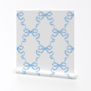 Ribbon Wallpaper - Ribbon Trellis Cerulean On White By Danika Herrick - Nursery Dainty Removable Self Adhesive Wallpaper Roll by Spoonflower