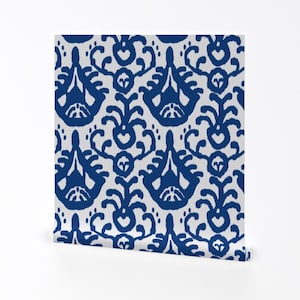 Ikat Wallpaper - Navy Ikat Reverse By Domesticate - Ikat Navy Blue Custom Printed Removable Self Adhesive Wallpaper Roll by Spoonflower