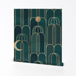 Art Deco Removable Peel and Stick Wallpaper -  Geometric Art Nouveau Moon - Wall Art Wall Decor - Waterfall Moon Jade by michele_norris