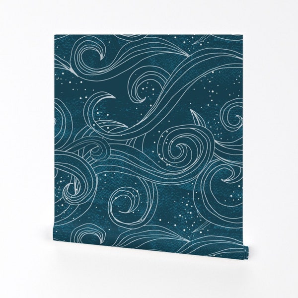 Wild Wallpaper - Wild Waves By Scarlette Soleil - Waves Teal White Custom Printed Removable Self Adhesive Wallpaper Roll by Spoonflower