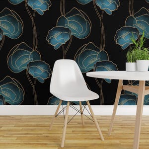 Elegant Poppy Peel and Stick Wallpaper - Blue Watercolor 1920s Style - Removable Wall Decor Art - Dramatic Deco Poppies by jmariecreates