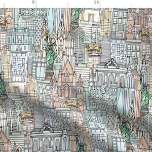 New York City Fabric - New York Watercolor By Scrummy - New York Watercolor Taxi Buildings Pastel Cotton Fabric By The Yard With Spoonflower