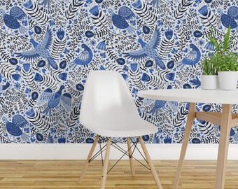 Indigo Blue Wallpaper - Scandinavian Birds By Rebecca Reck Art - Indigo Custom Printed Removable Self Adhesive Wallpaper Roll by Spoonflower
