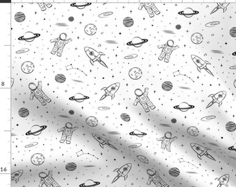 Astronaut In Space Fabric - Monochrome Space Print By Littlearrowdesign - Planets Moon Saturn Fun Cotton Fabric By The Yard With Spoonflower