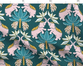 Elephant Maximalism Fabric - Elephant Joy By Vivdesign - Elephant Nouveau Damask Glam Circus Cotton Fabric By The Yard With Spoonflower