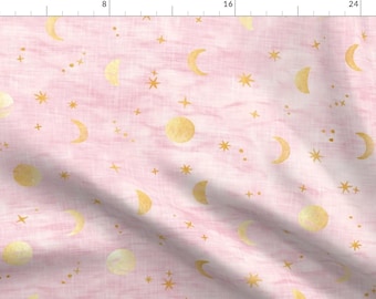 Pink Celestial Fabric - Shibori Moons And Stars by forestandsea - Lunar Tie Dye Look Marble Feminine Stars Fabric by the Yard by Spoonflower
