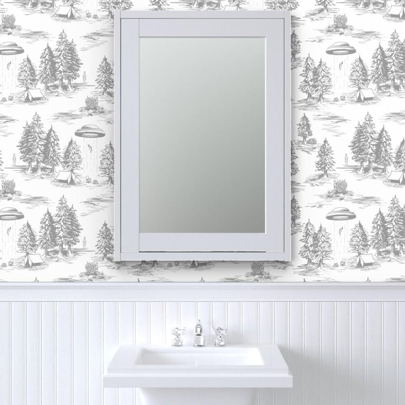 Peel-and-Stick-behang van de ufo - Space Aliens Whimsical Toile - Verwisselbare muurdecoratiekunst - Alien Abduction Toile De Jouy door somecallmebeth afbeelding 8
