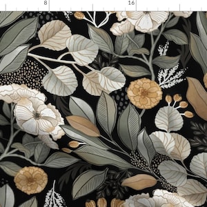 Moody Florals Fabric - Magnolia by fineapple_pair - Chrysanthemum Midnight Garden Ivory Petals Dark Garden Fabric by the Yard by Spoonflower