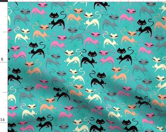 Mid Century Modern Fabric - Mod Prancing Kitten-Fabric-Blue By Miss Fluff - Mid Century Modern Cotton Fabric By The Yard With Spoonflower