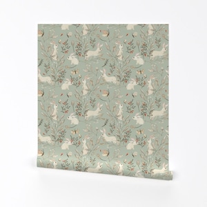 Bunny Wallpaper - Bunnies Dusky Green By Katherine Quinn - Green Bunny Custom Printed Removable Self Adhesive Wallpaper Roll by Spoonflower
