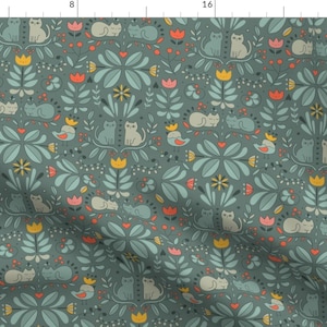 Cats Folk Art Fabric - Swedish Folk Art Cats By Kostolom3000 - Scandinavian Modern Cats Tulips Cotton Fabric By The Yard With Spoonflower