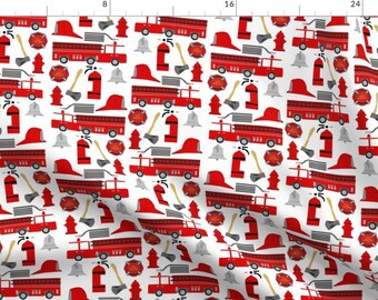 May include: A white fabric with a repeating pattern of red fire truck, fire hydrant, axe, bell, and fire hose illustrations.
