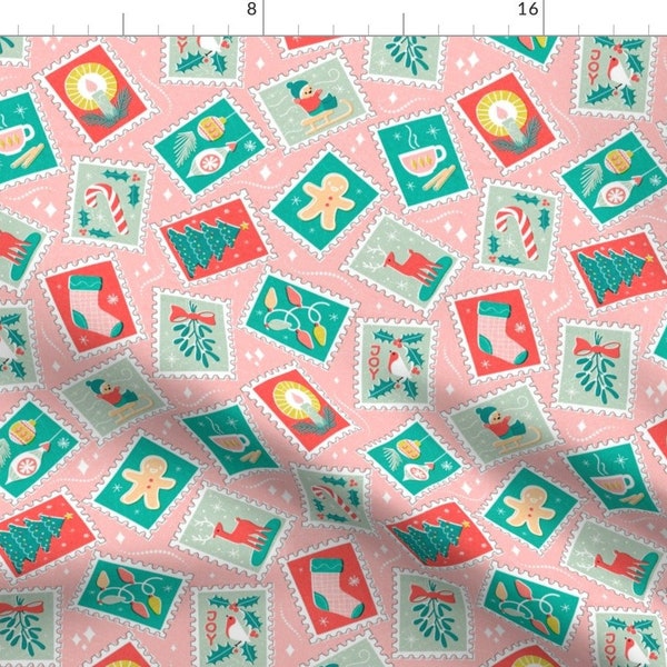 Retro Stamps Fabric - Retro Christmas Postage Stamps By Mia Valdez - Pink Green Blue Holiday Snow Cotton Fabric By The Yard With Spoonflower