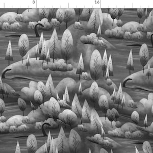 May include: A black and white seamless pattern featuring a stylized forest landscape with trees, hills, and a winding river. The design is reminiscent of a children's illustration.
