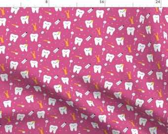 Tooth Fabric - Happy Teeth Friends - Dark Pink By Clayvision - Dentistry Kawaii Pink Cotton Fabric By The Yard With Spoonflower
