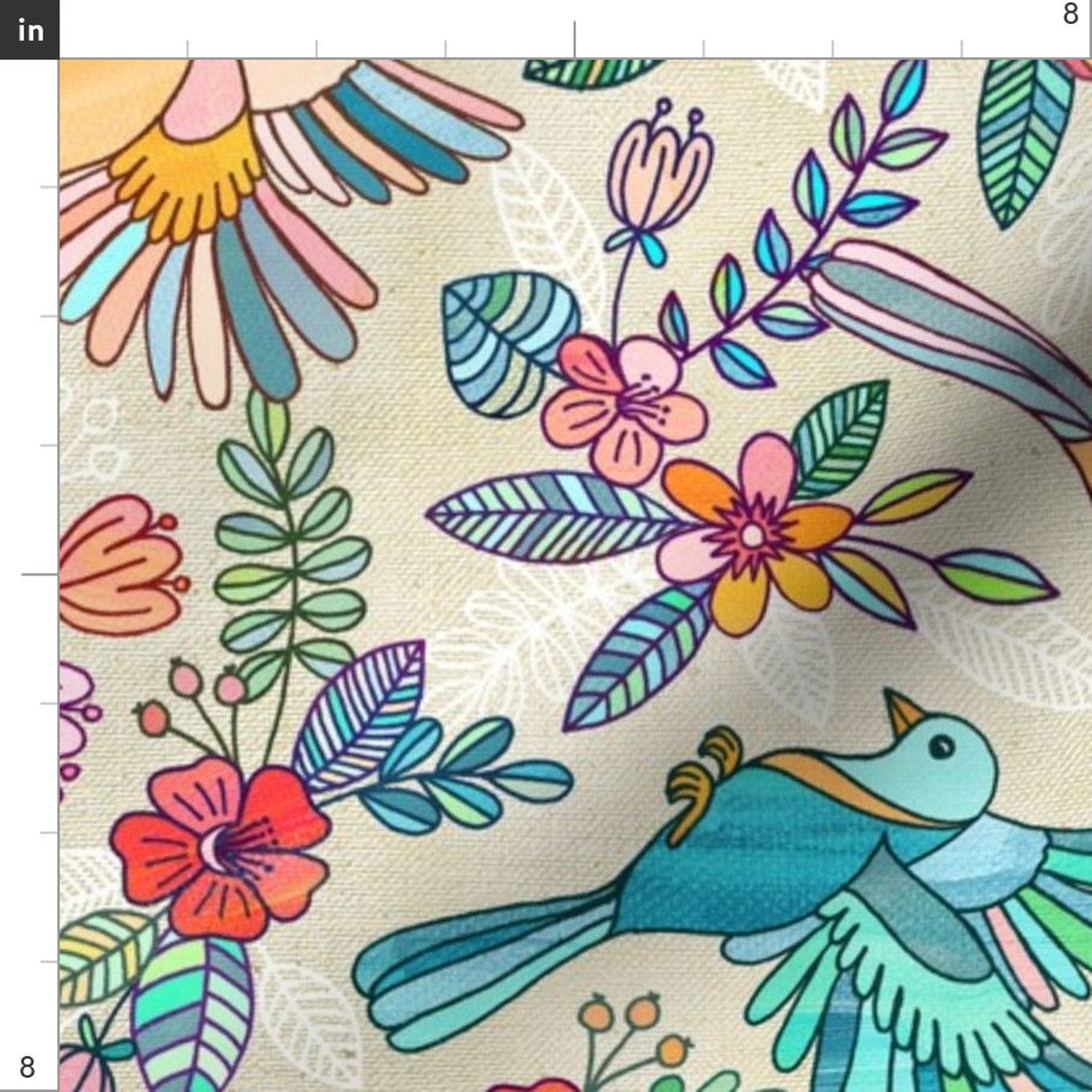 Birds and Flowers Fabric Whimsical Summer Flight Rotated by Etsy