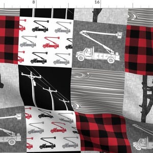 May include: A patchwork fabric design featuring a red and black buffalo plaid pattern, a black and white pattern of utility trucks with ladders, and a gray and white pattern of a utility worker climbing a pole. The fabric is perfect for quilting, crafts, and home decor.