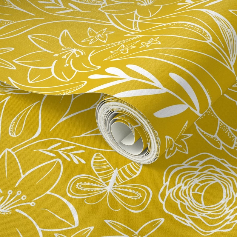 Floral Wallpaper Botanical Sketchbook Floral Yellow by - Etsy