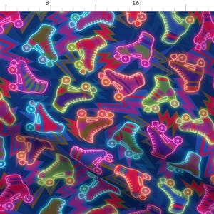 May include: A seamless pattern featuring neon roller skates on a dark blue background. The skates are outlined in various colors, including pink, green, yellow, and blue, and are arranged in a repeating pattern.