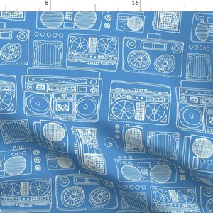 White + Blue Radio Fabric - Drawing Of Boom Boxes (White On Bright Blue) By Kendrashedenhelm - Cotton Fabric By The Yard With Spoonflower