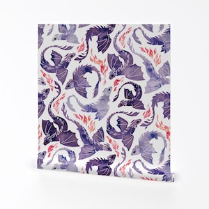 Dragon Wallpaper - Dragon Fire Purple By Adenaj - Fantasy Mystical Creatures Flying Removable Self Adhesive Wallpaper Roll by Spoonflower