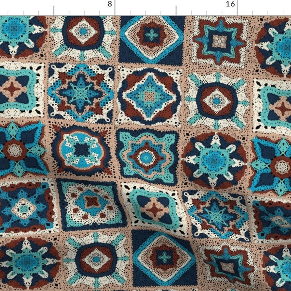 Granny Square Fabric - Granny Square Quilt - Large by diseminger - Quilt Retro Vintage Style Beige Blue  Fabric by the Yard by Spoonflower