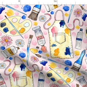Painting Fabric - Creative Craft Corner By Tangerine-Tane - Pink Blue Yellow Watercolor Art Room Cotton Fabric By The Yard With Spoonflower