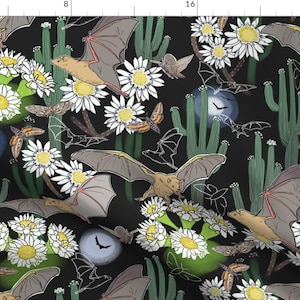Bats Dark Night Floral Cactus Spooky Fabric - Night Pollinators 2 By Vinpauld - Bats Midnight Cotton Fabric By The Yard With Spoonflower