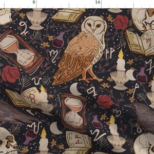 Owl Fabric - Ancient Magic Spell Dark Academia by mitalimdesigns - Raven Magic Spells Skulls Dark Magic  Fabric by the Yard by Spoonflower