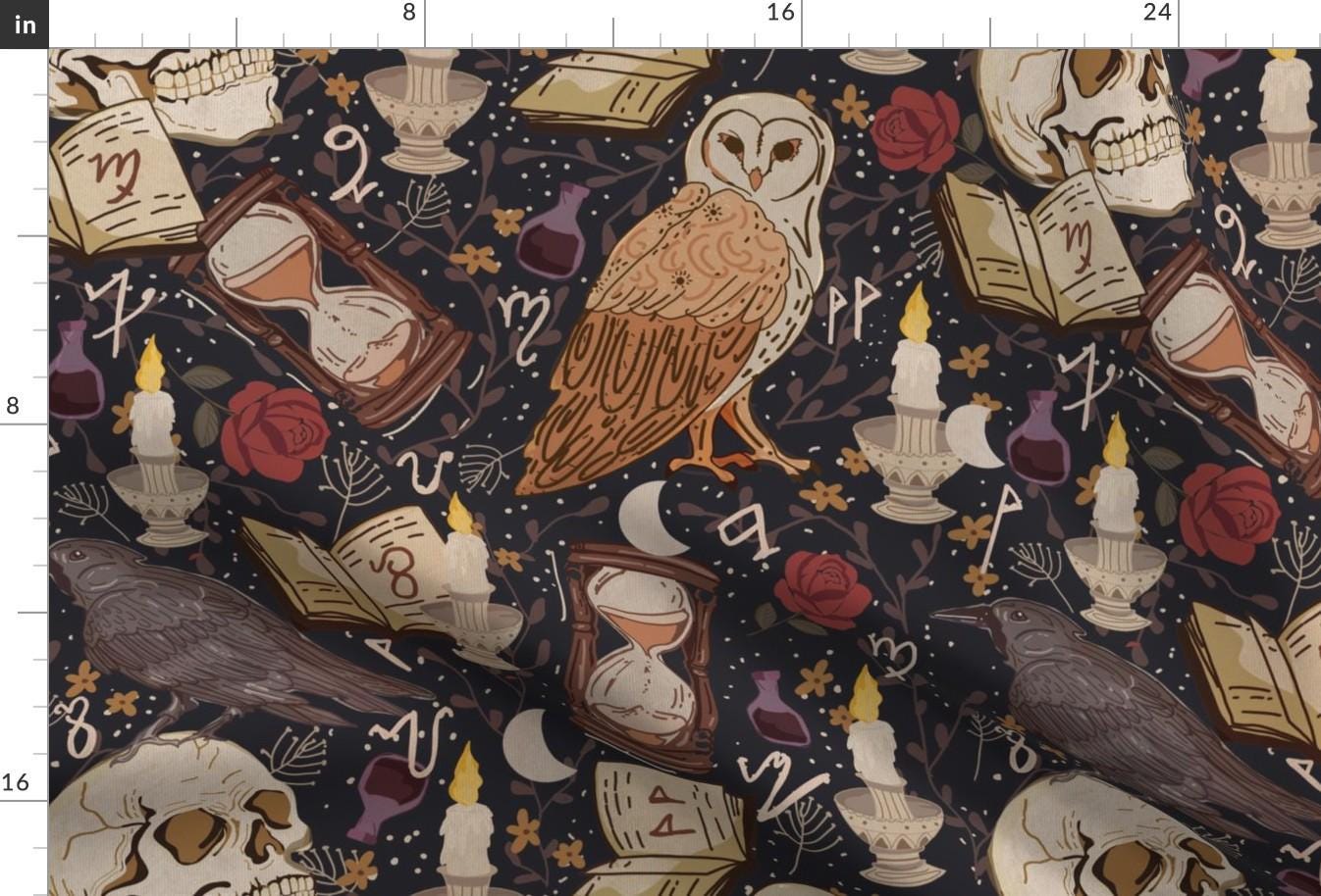 Owl Fabric - Ancient Magic Spell Dark Academia by mitalimdesigns - Raven Magic Spells Skulls Dark Ma