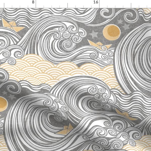 Block Print Waves Fabric - Sea Adventure  by patricia_lima - Japanese Style Gray Neutral Sea Ocean Origami Fabric by the Yard by Spoonflower