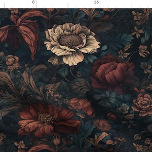May include: A dark floral pattern with large, detailed flowers in cream, burgundy, and rust against a deep navy background. The design includes various leaf shapes and smaller floral elements, creating a rich, textured appearance.