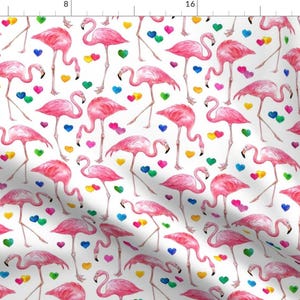 Flamingos Fabric - Flamingo Love - Watercolor Pattern With Rainbow Hearts - White By Micklyn - Flamingos Hearts Pink Fabric With Spoonflower