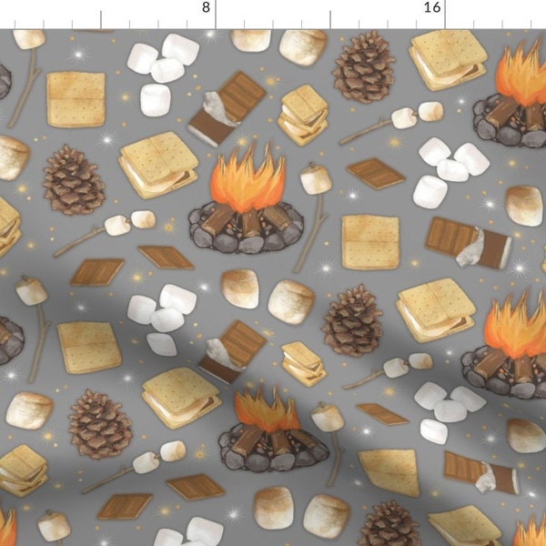 Camping Fabric - S'mores On Gray by kim_marshall_studio - Smores Adventure Gray Bonfire Marshmallow Fire  Fabric by the Yard by Spoonflower