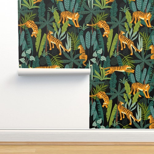 Tiger Wallpaper Safari Turmeric/kelly Green by Andrea Lauren Etsy