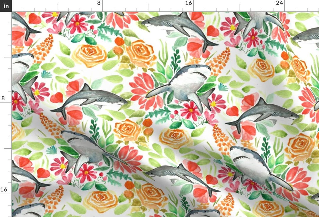 Sharks And Roses Floral Shark Fabric - Sharks and Roses by Sheenarae - Hawaiian Orange ...