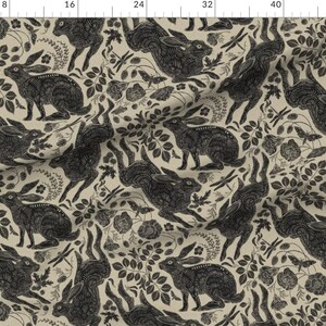 Block Print Bunnies Fabric - Rabbits by silver_steer_design - Linocut Woodblock Hares Woodland Neutral Fabric by the Yard by Spoonflower imagem 2